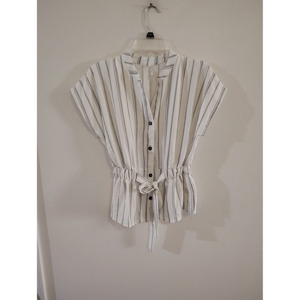 3rd + Malt Women‎ White Black Striped Button Front Peplum Blouse Top Small